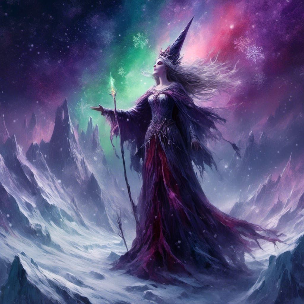 White Witch on Glacier Under Aurora Sky