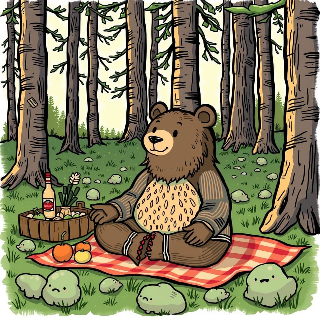 Meditating Bear in Woods Serenity