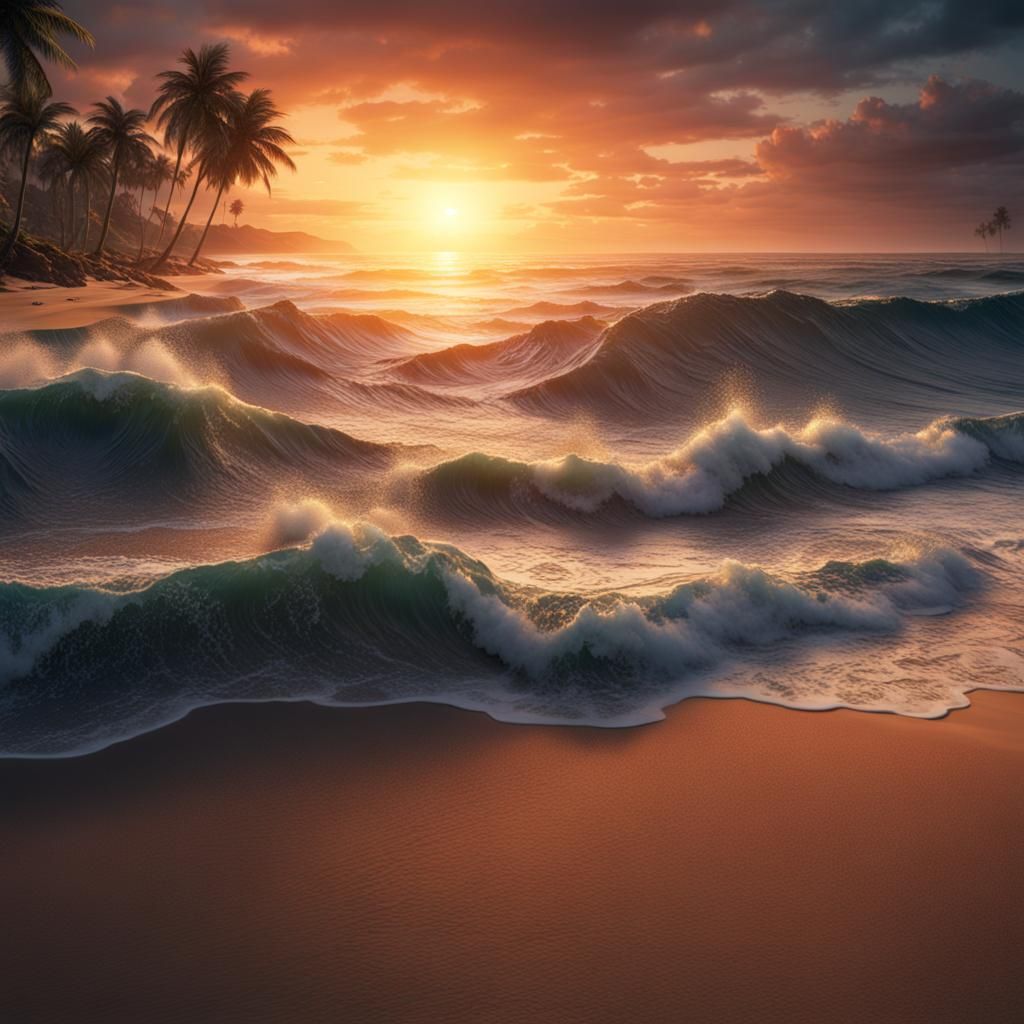 Sunset Over Ocean Waves: Detailed Matte Painting