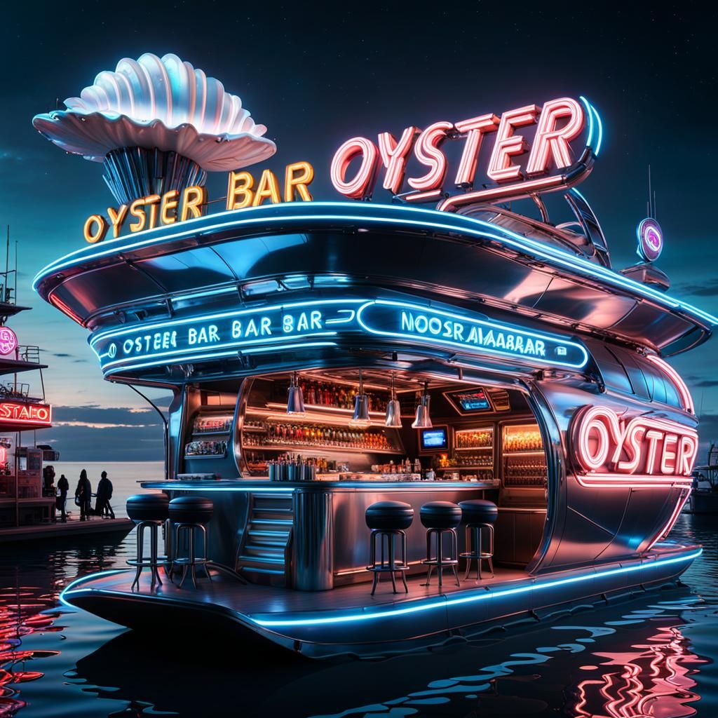Futuristic Cyberpunk Oyster Bar in Dystopian City