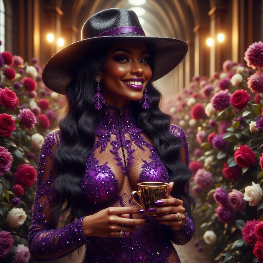 Jamaican Woman in Lace Bodysuit with Fire Roses