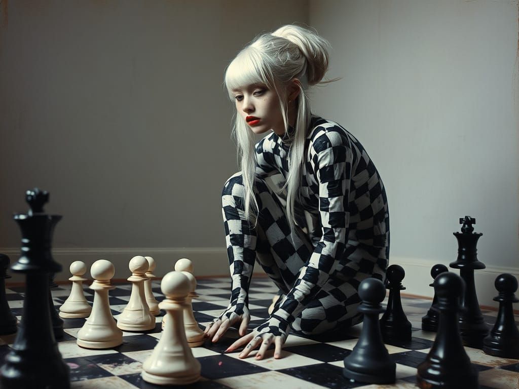 Surreal Figure on Chessboard in Dramatic Light
