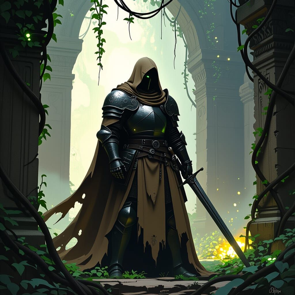 Armored Knight Guards Overgrown Temple Ruins