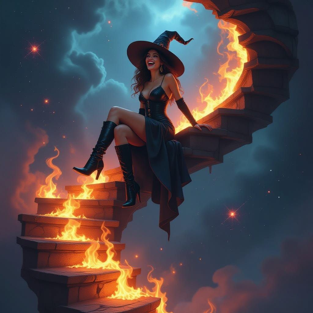 Laughing Witch on Ember Staircase in Nebula