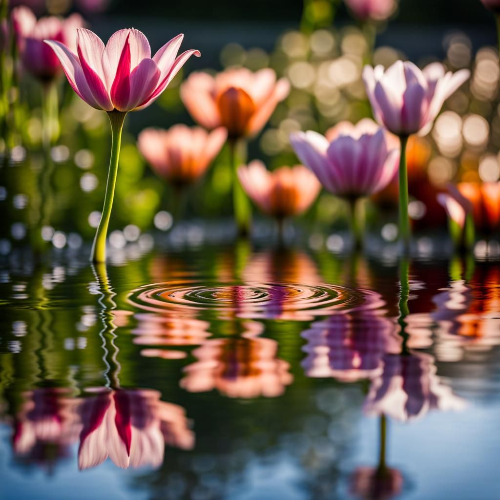Hyperrealistic Flower Reflections in Rippled Water