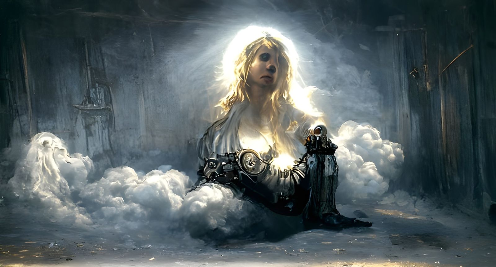 Steampunk Woman in Dark Room with Divine Light