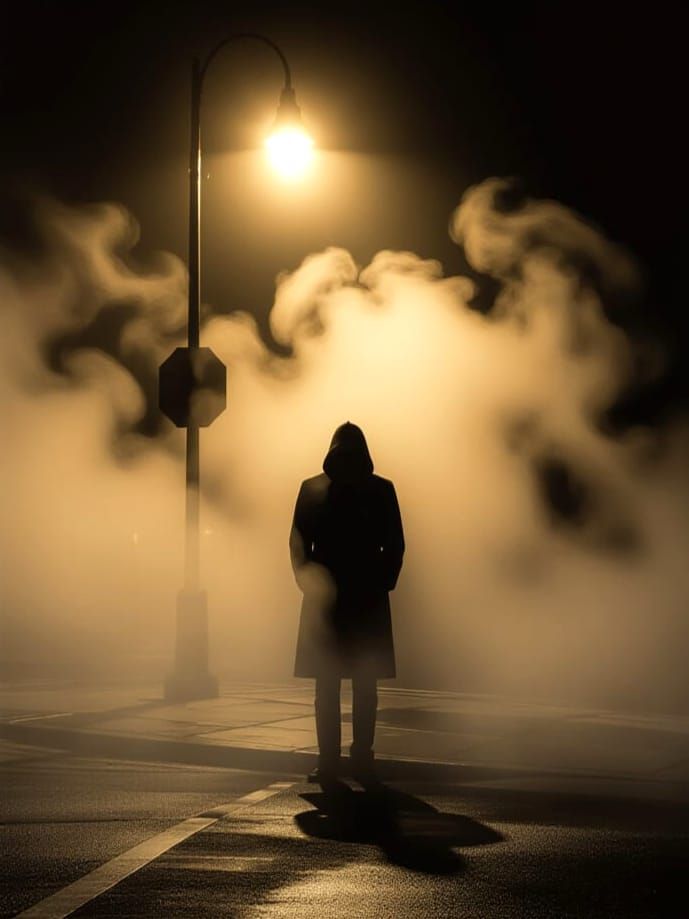 Shrouded Figure in Misty Street Scene