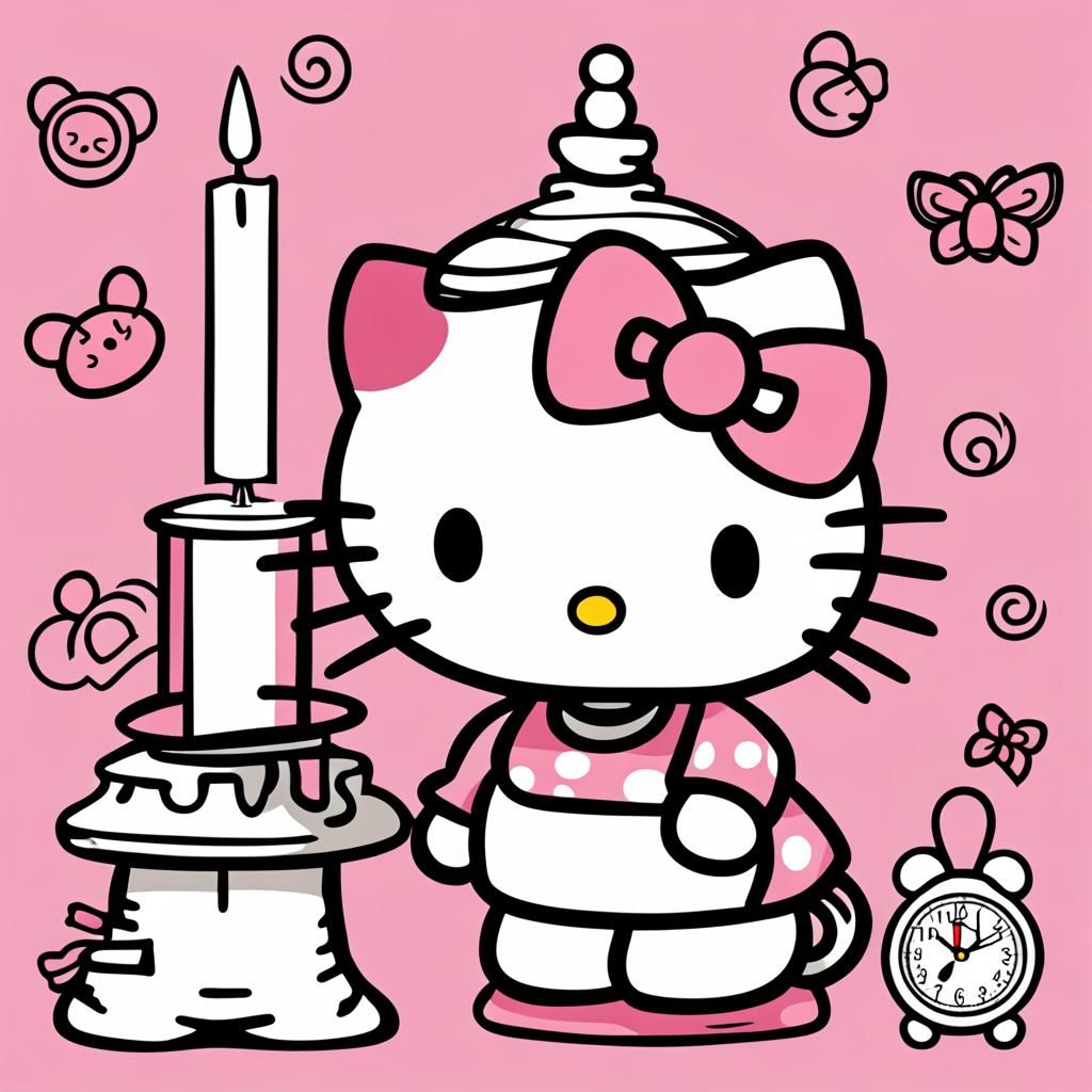 Hello Kitty, Mouse, Candle, and Clock