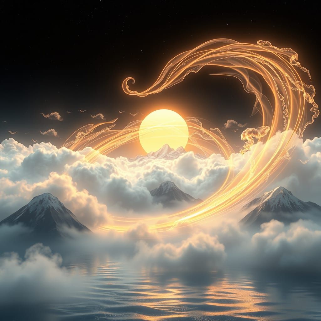 Eternal Energy Streams Above Crystal Water with Japanese Zen...