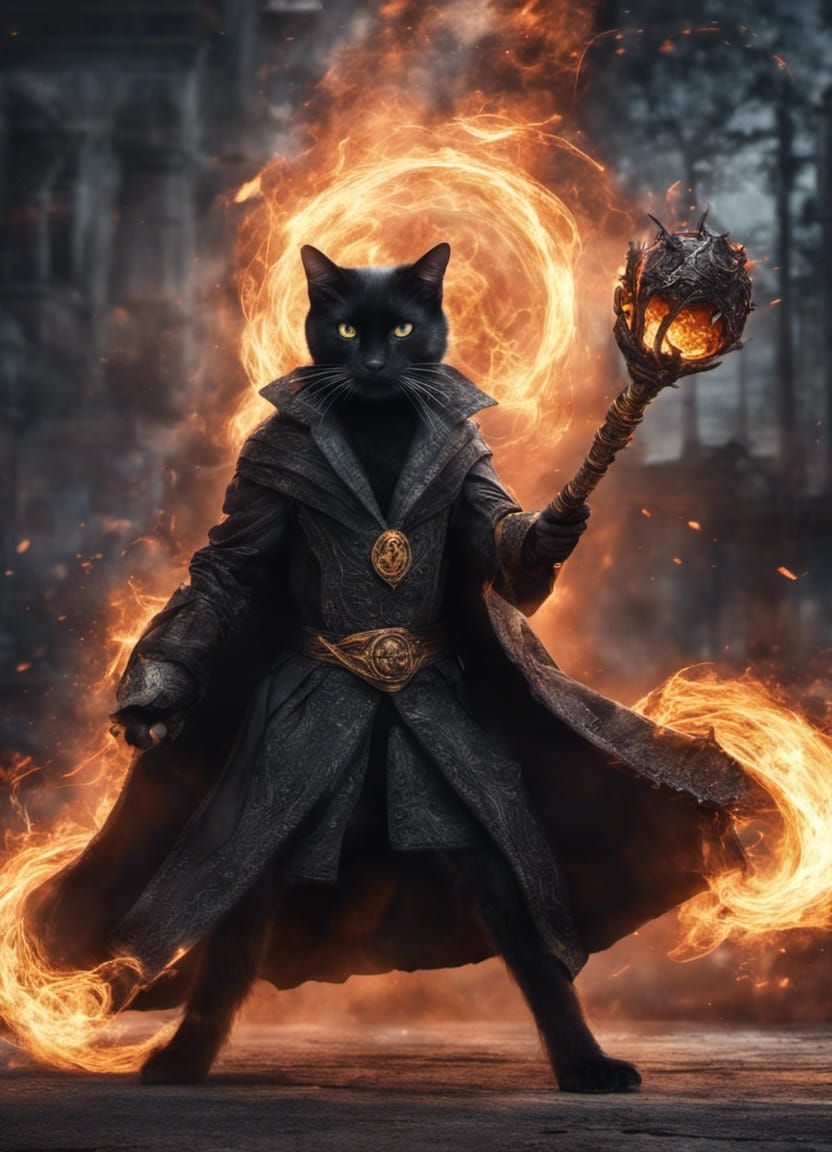 Cat Sorcerer Conjuring Fireball in Fantasy Style