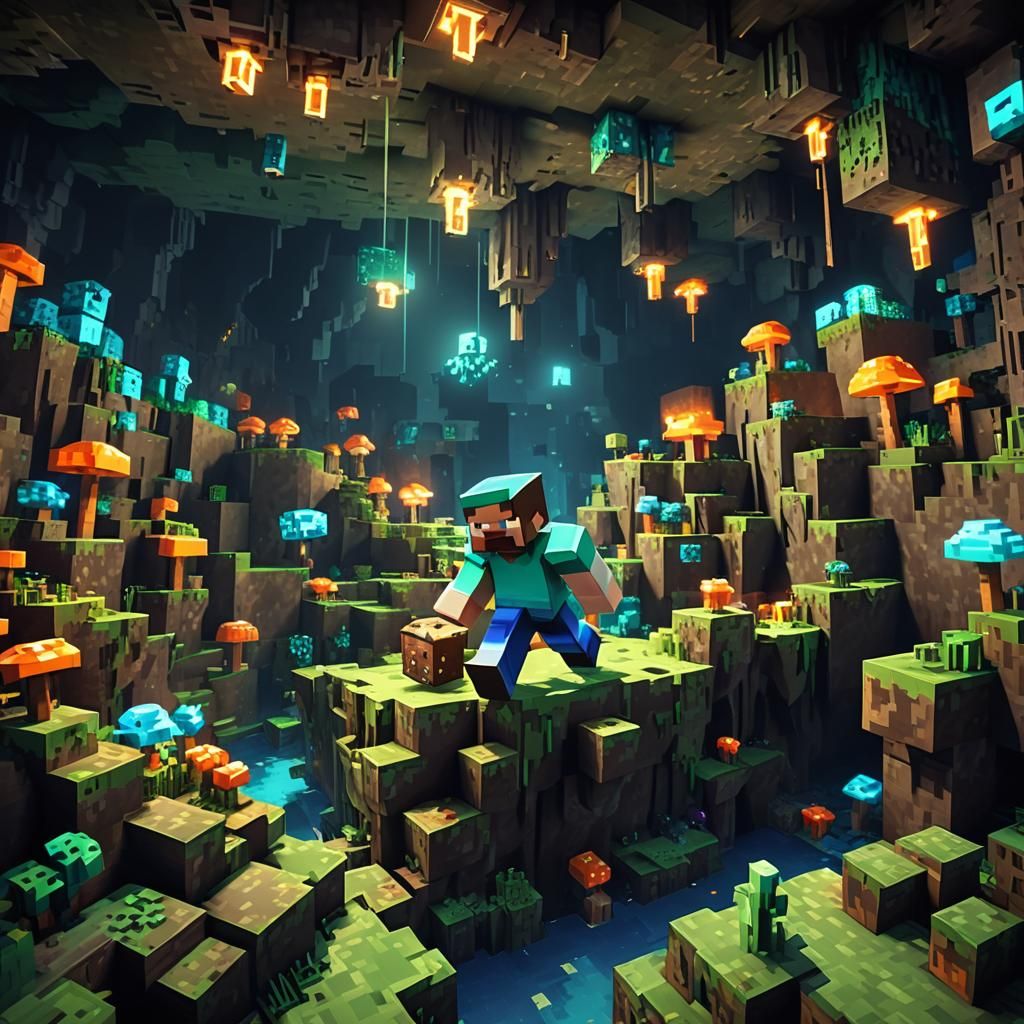 Cinematic Minecraft Scene in a Dark Cave