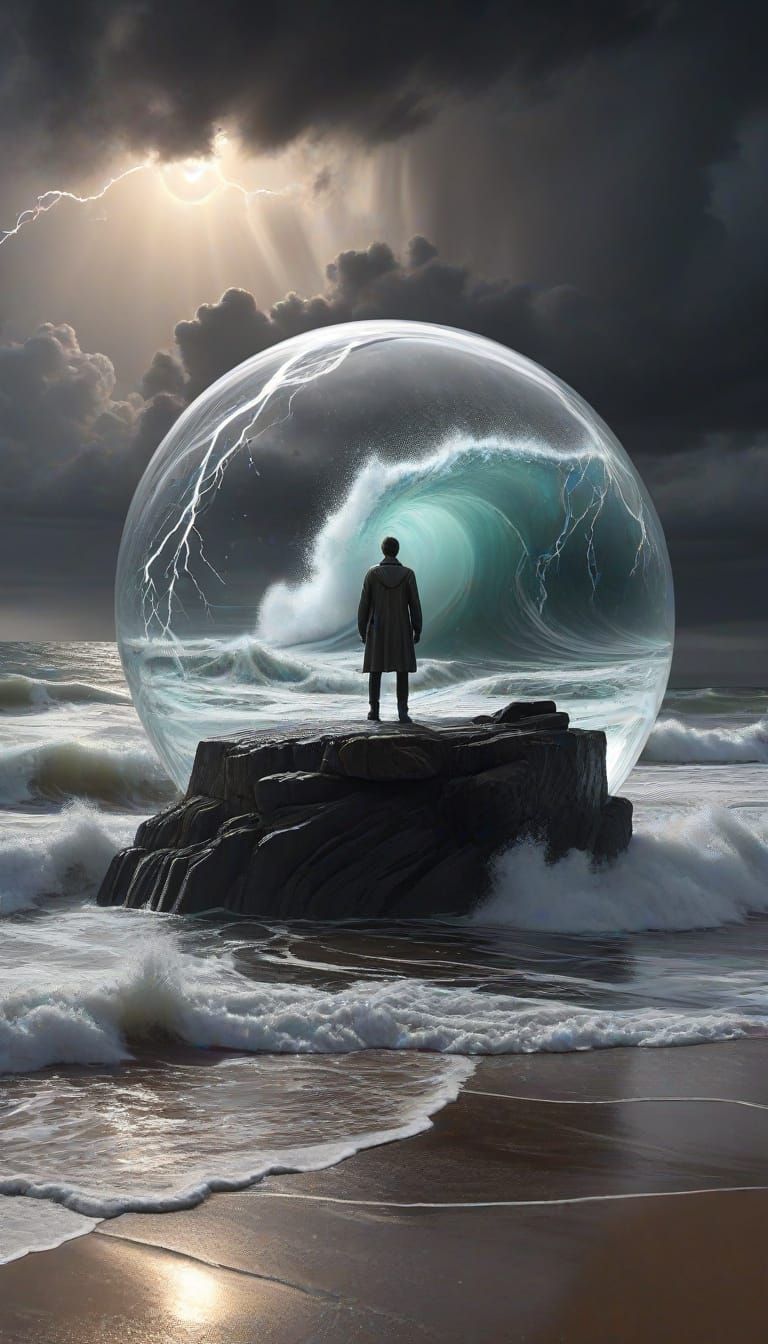 Mysterious Figure Contemplates Turbulent Oceanic Vortex in G...