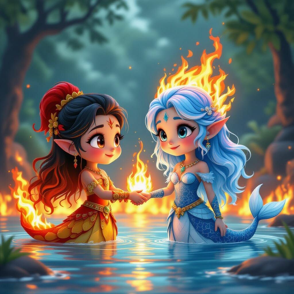 Fire and Water Spirits Unite in Fantastical Matte Painting