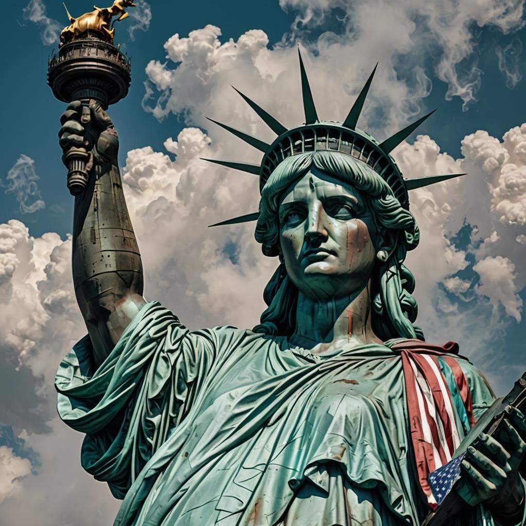Baroque Statue of Liberty with US Flag Smoke