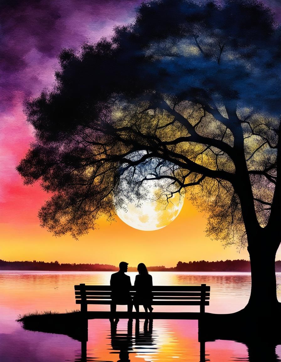 Romantic Couple Silhouette Under Moonlight, Watercolor Style