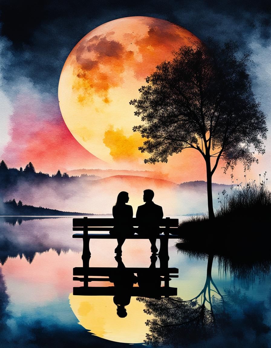 Romantic Couple Silhouette at Moonlit Lake, Watercolor
