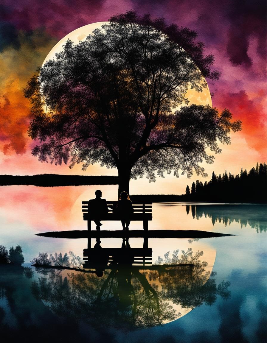 Romantic Couple Silhouette Under Moonlit Tree