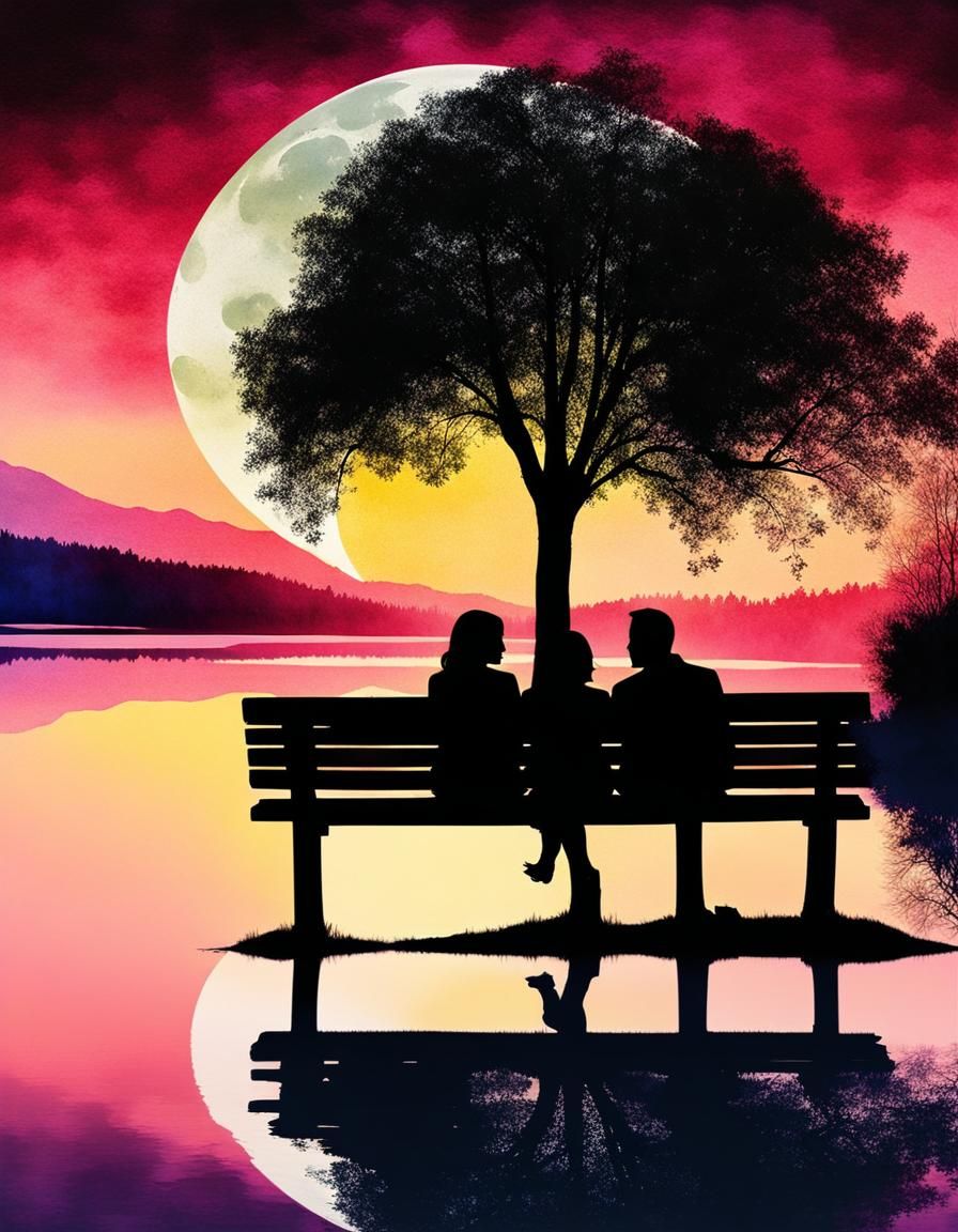 Romantic Couple Silhouette by Lake: Watercolor Style