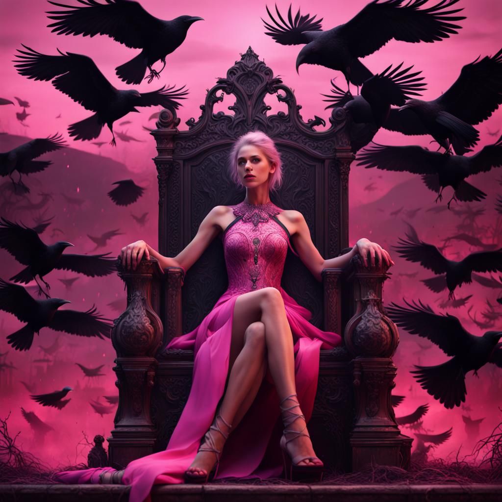 Pink Woman on Throne with Crows