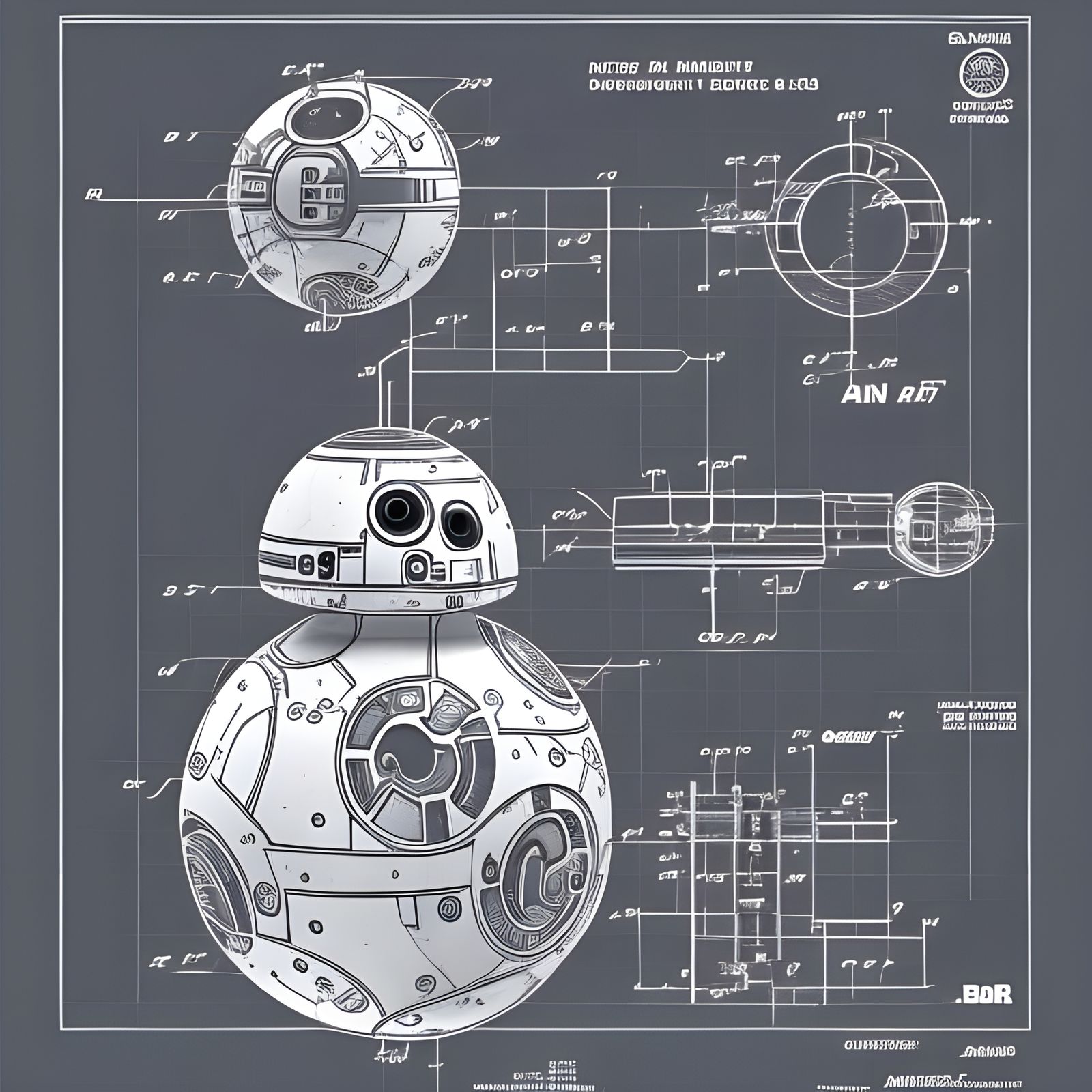 BB-8 Droid Patent Blueprint in Sci-Fi Style