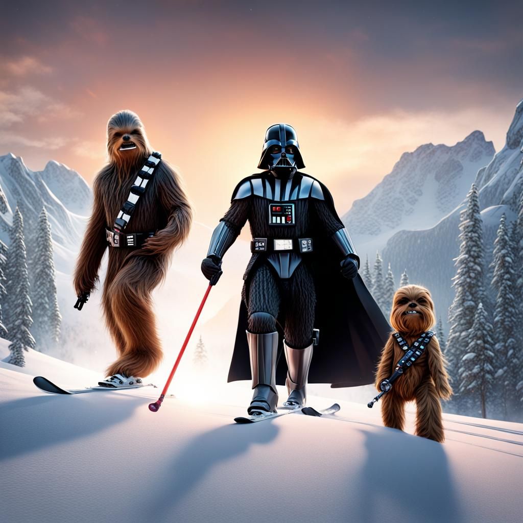 Darth Vader and Chewbacca Skiing, Detailed Matte Painting