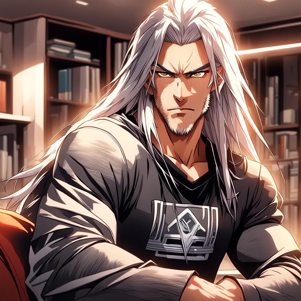 Anime Young Man with White Hair in Cyberpunk Style