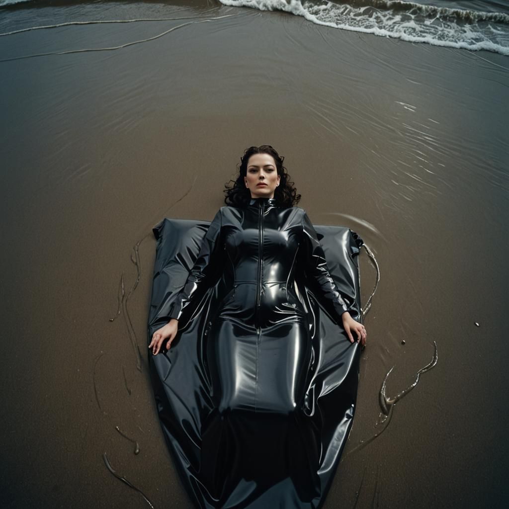 Woman in Latex Bed on Rainy Beach