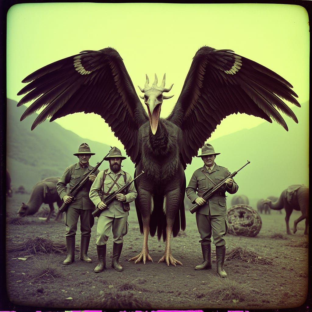 Vintage 1920s Photo of Soldiers with Feathered Beast
