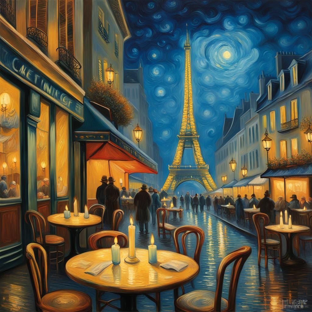 Paris Cafe at Night: Candles in Van Gogh Style