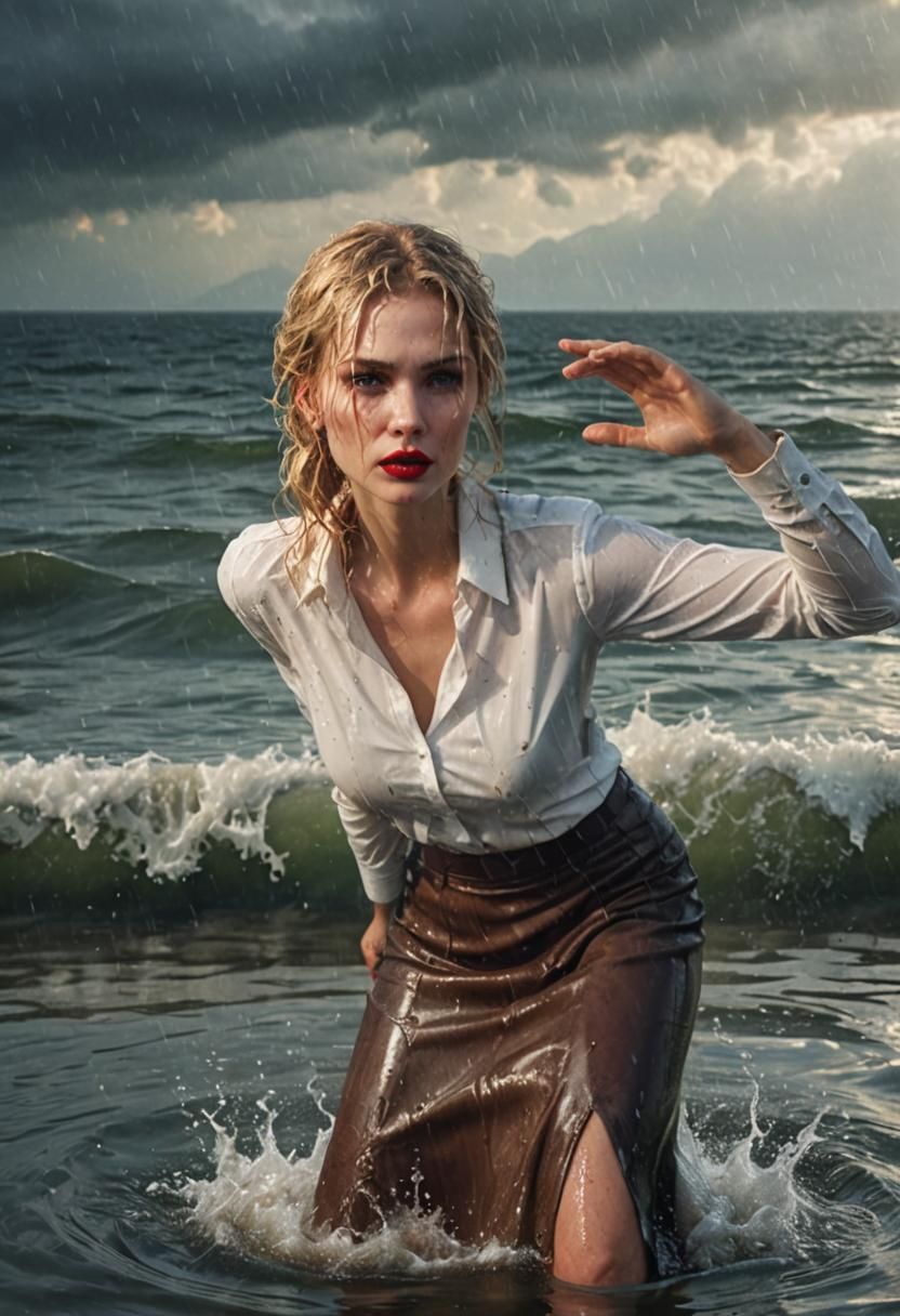 Glamorous Woman in Sea: Photorealistic Matte Painting