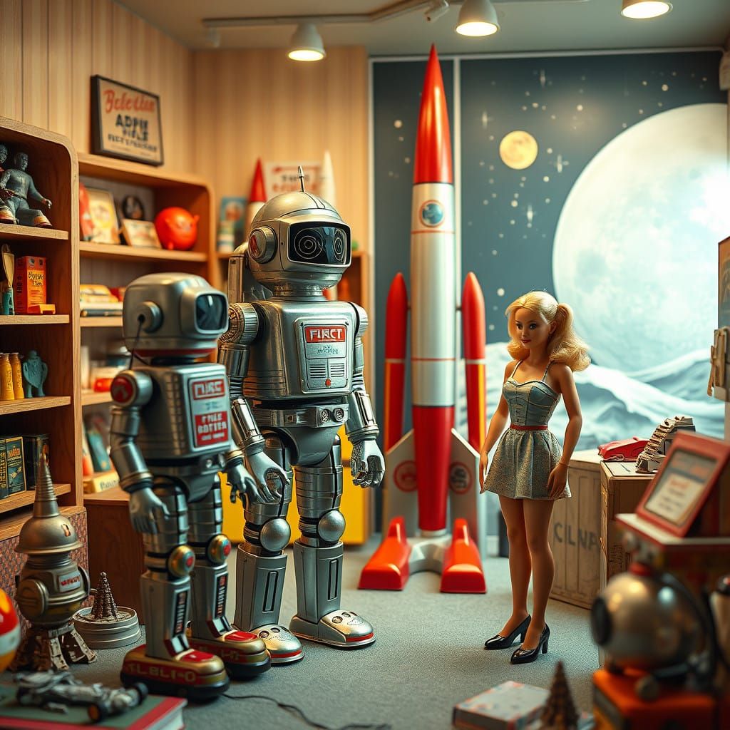 Retro-Futuristic 1950s Tin Toy Robots in a Vintage Space Dio...