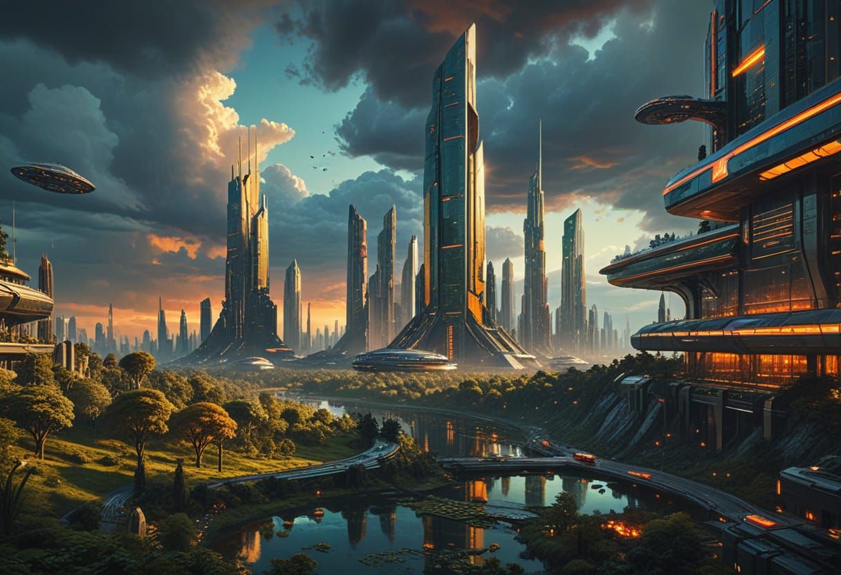 Futuristic City in Vast Landscape: Sci-Fi Oil Painting