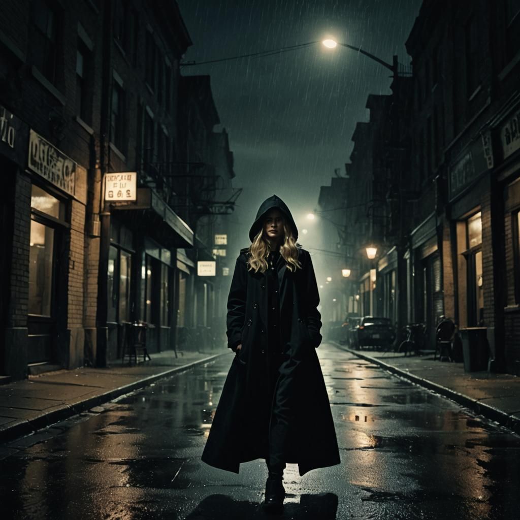 Noir Film Still of Woman in Misty City