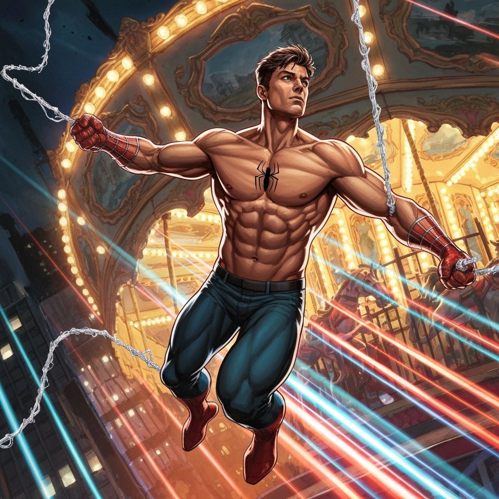 Muscular Peter Parker Swings Around Carousel at Night