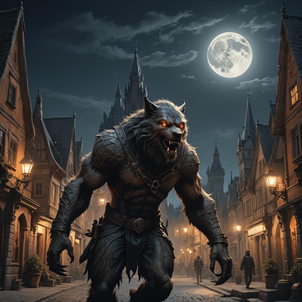 Werewolf Prowls Gothic Town on Moonlit Night