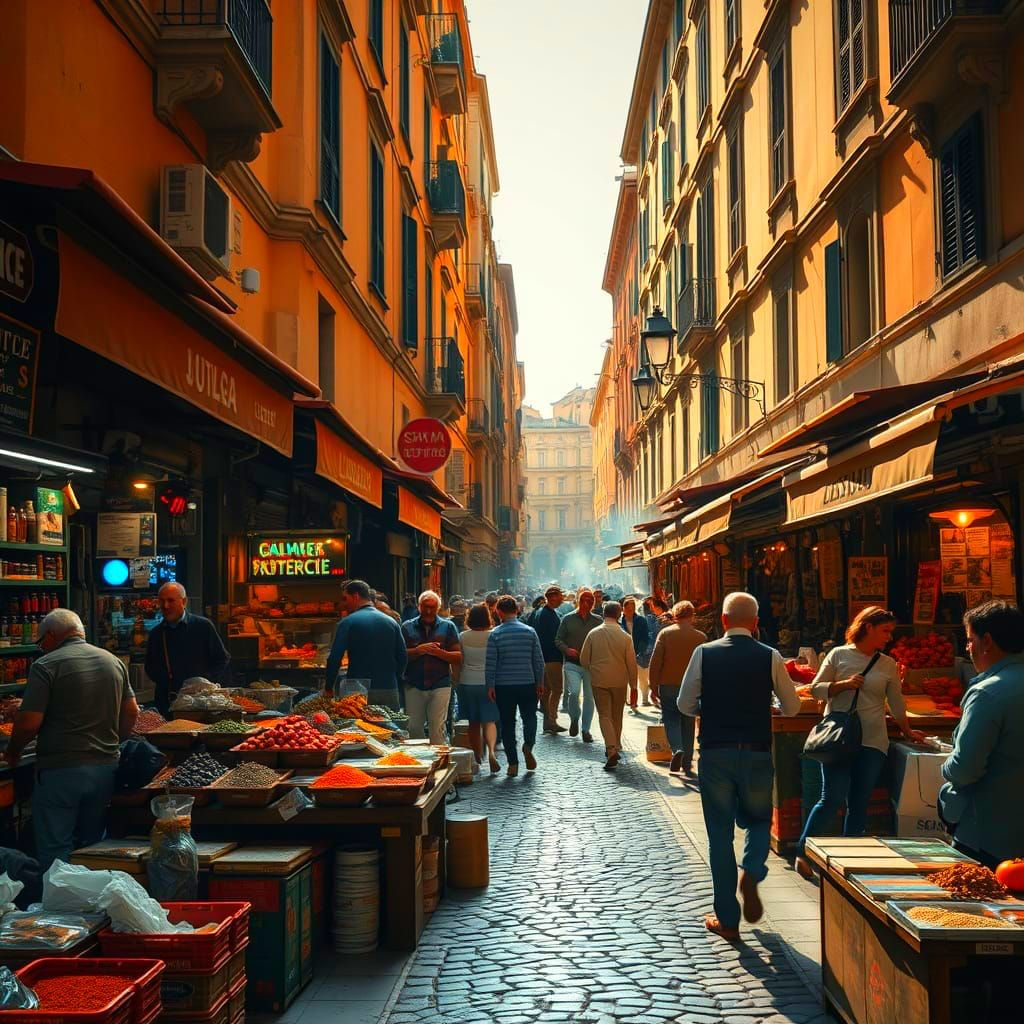 Classic Italian Marketplace Scene in Cinematic Style