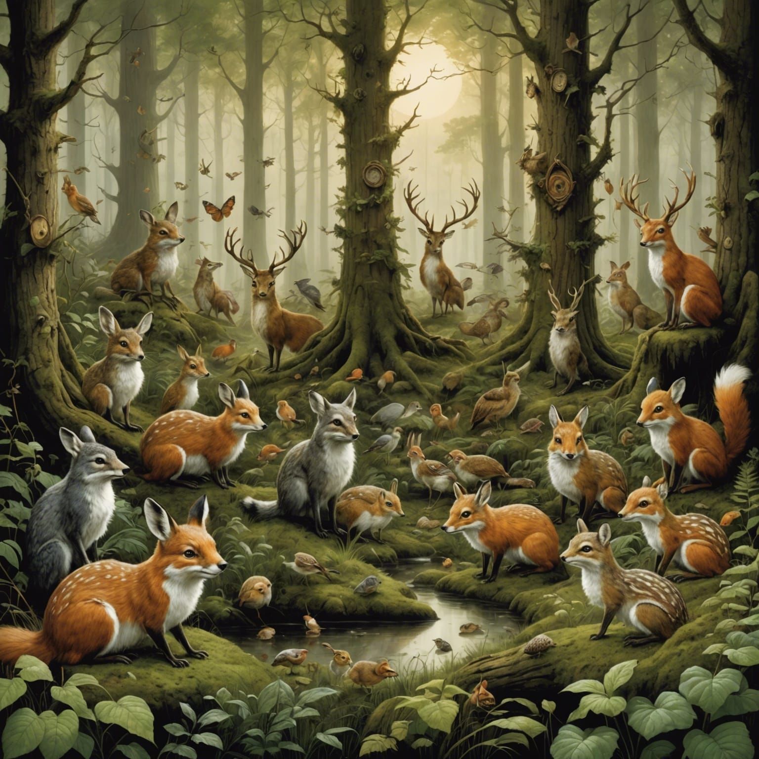 Art by Walton Ford, a gathering of woodland creatures in a mystical forest clearing, each animal with a speech bubble re...