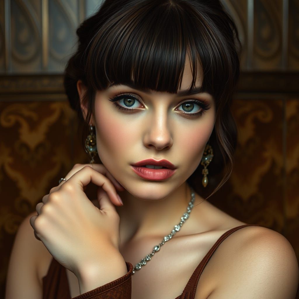 Elegant Woman with Blunt Bangs in Art Nouveau Style