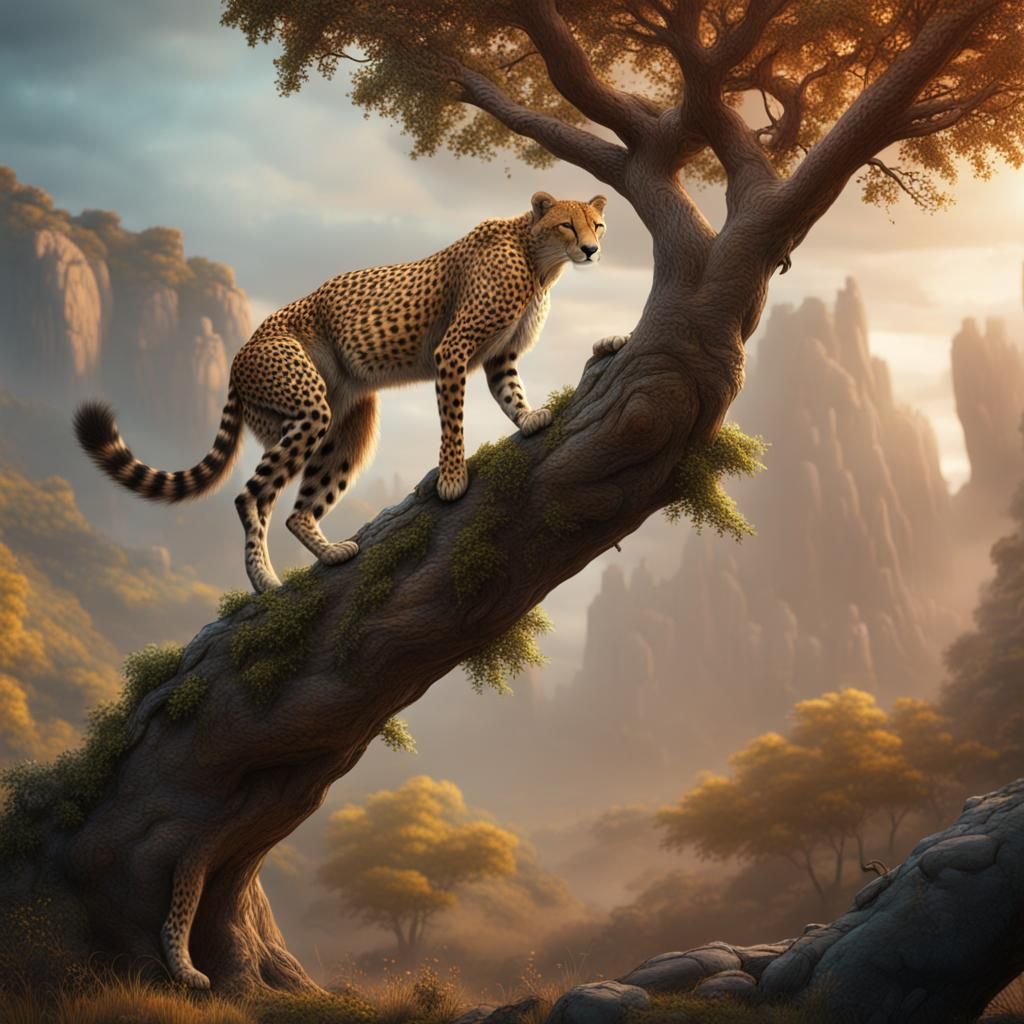Cheetah Climbing Tree in Detailed Matte Painting