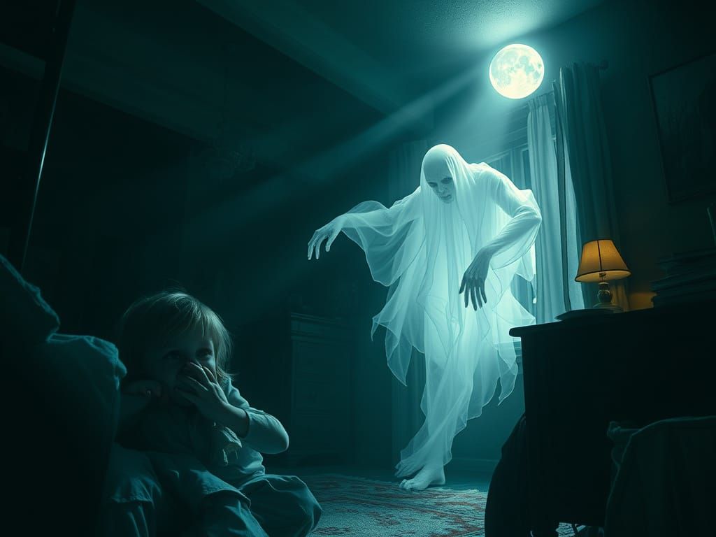 Child Cowers in Shadows from Malevolent Ghostly Presence