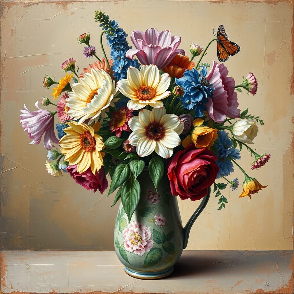 Vintage Oil Painting of a Bouquet in a Pitcher