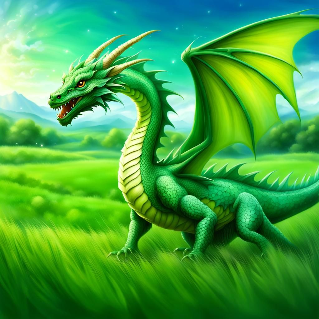 Fairy Dragon in Green Field, Realistic Rendering
