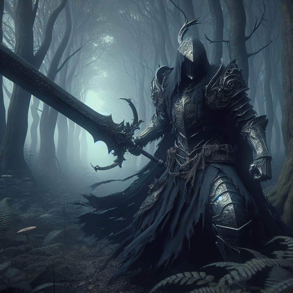 Futuristic Gothic Warrior in Dark Forest