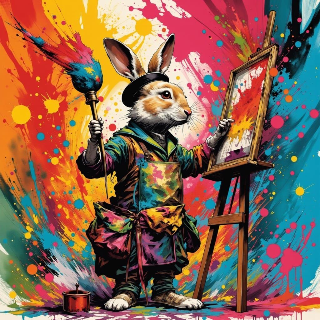 Anthropomorphic Rabbit Artist in Expressionist Splatter Pain...