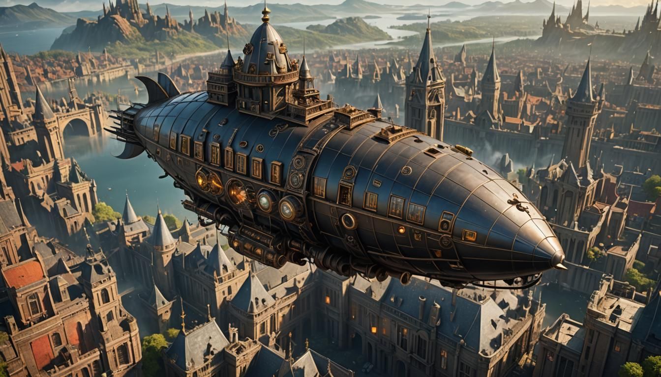 Steampunk Airship Soaring Above Fantasy Castle