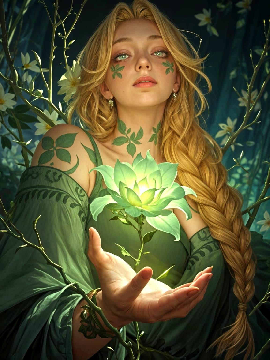 Ethereal Woman with Flowers and Glowing Eyes