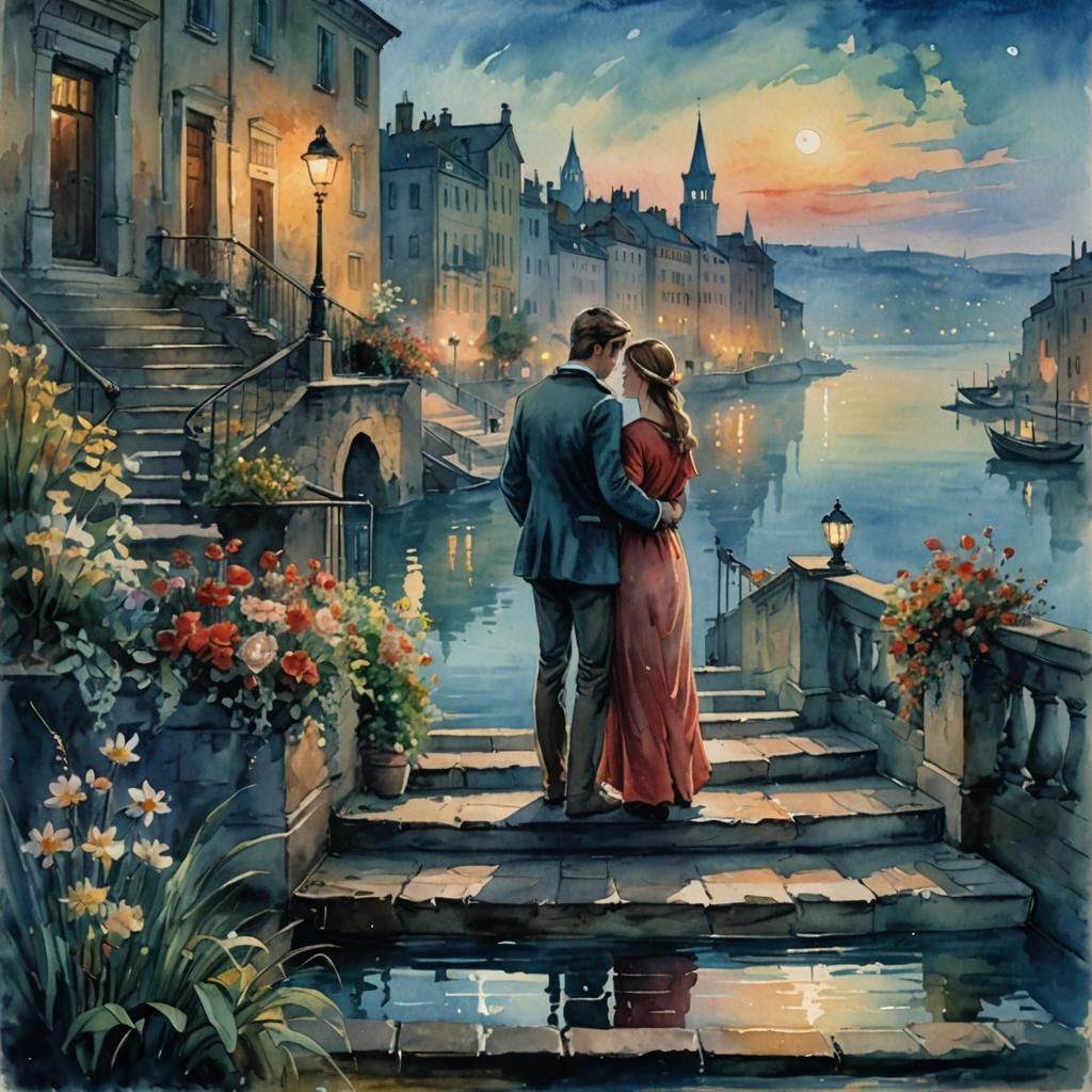 Romantic Watercolor of Couple by Water at Night