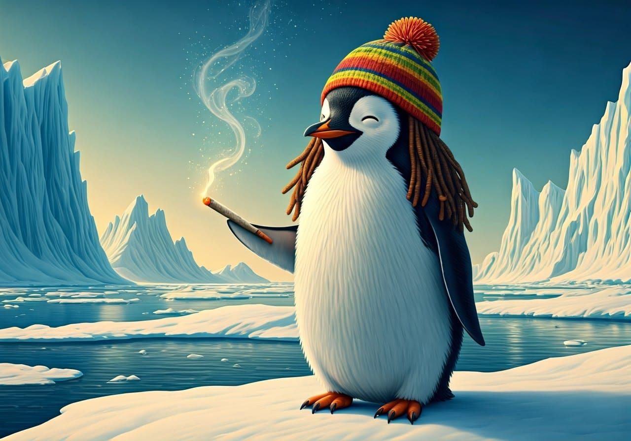 Penguin in Jamaican Hat, Surrounded by Polar Ice Floes