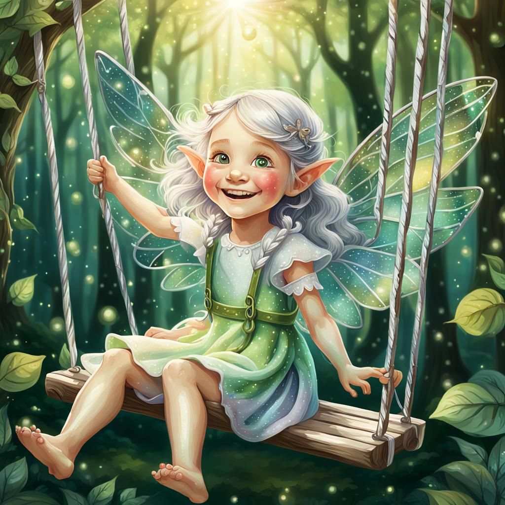 Enchanting Elf Girl on Swing in Mystical Forest