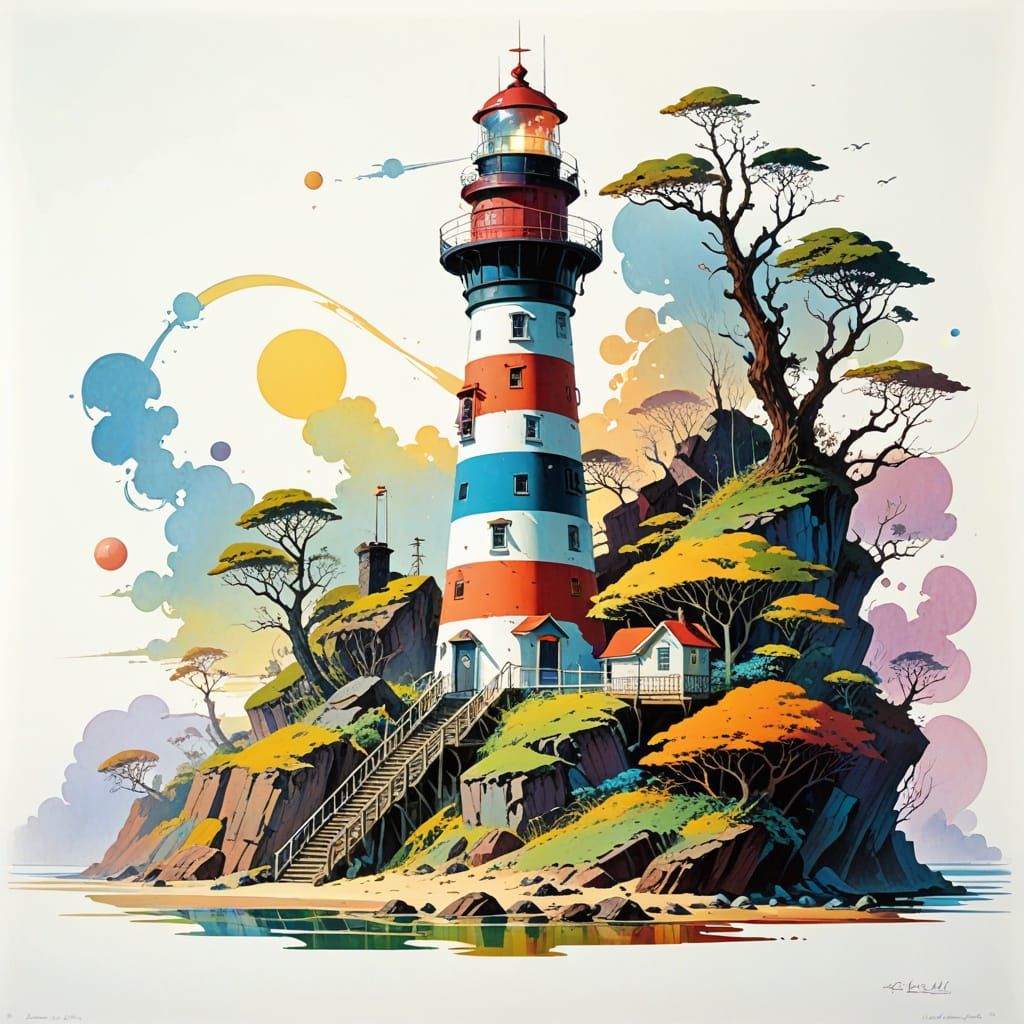 Psychedelic Lighthouse in Retro Futuristic Style